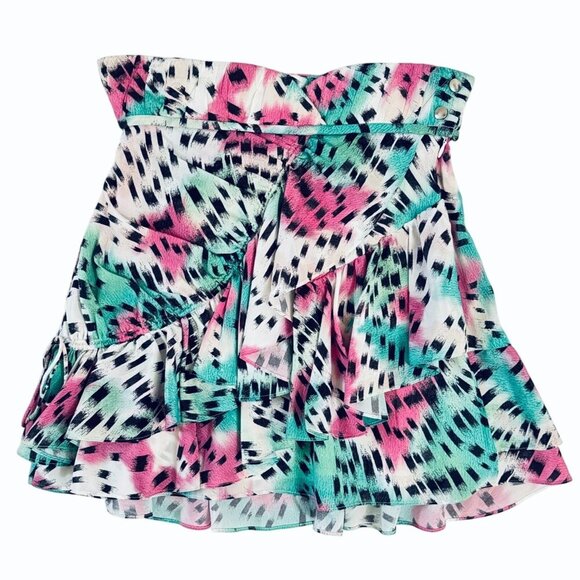 IRO Paris Womens Silk Louzia‎ Ruffle Mini Skirt Sz FR 34/ US 2 Pink Green Party - Picture 2 of 13